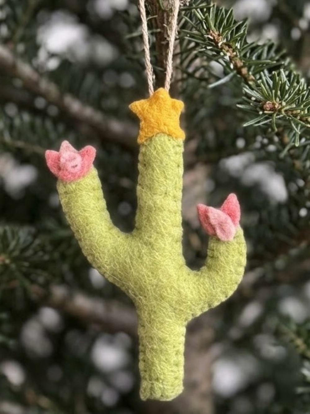 Handmade Needle Felted Saguro Cactus Christmas Ornament with Flowers and Star